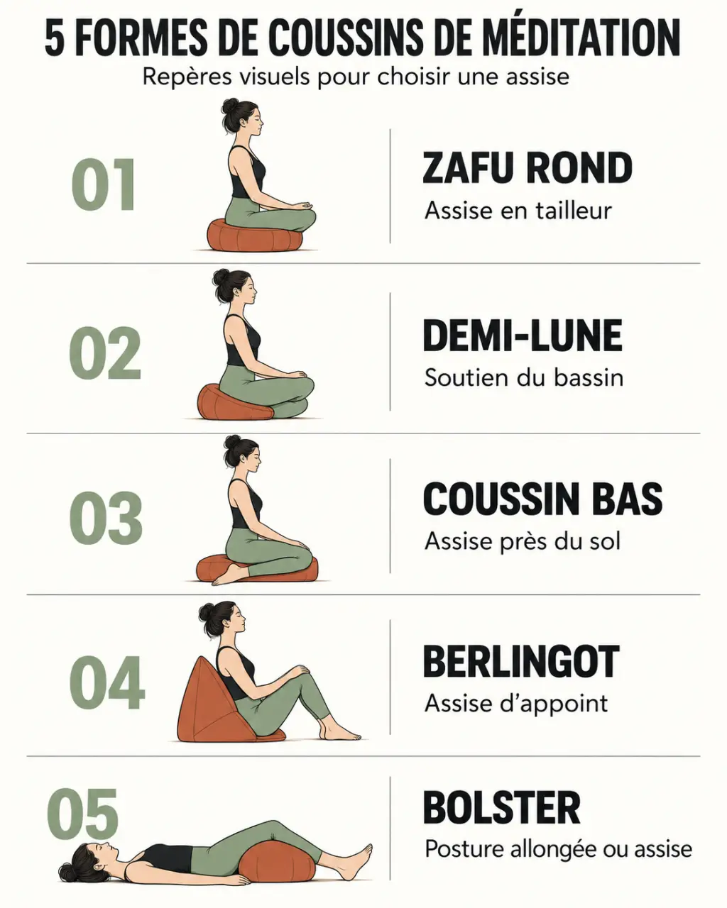 Comparaison des formes de coussin de méditation zafu, demi-lune, coussin bas, berlingot et bolster