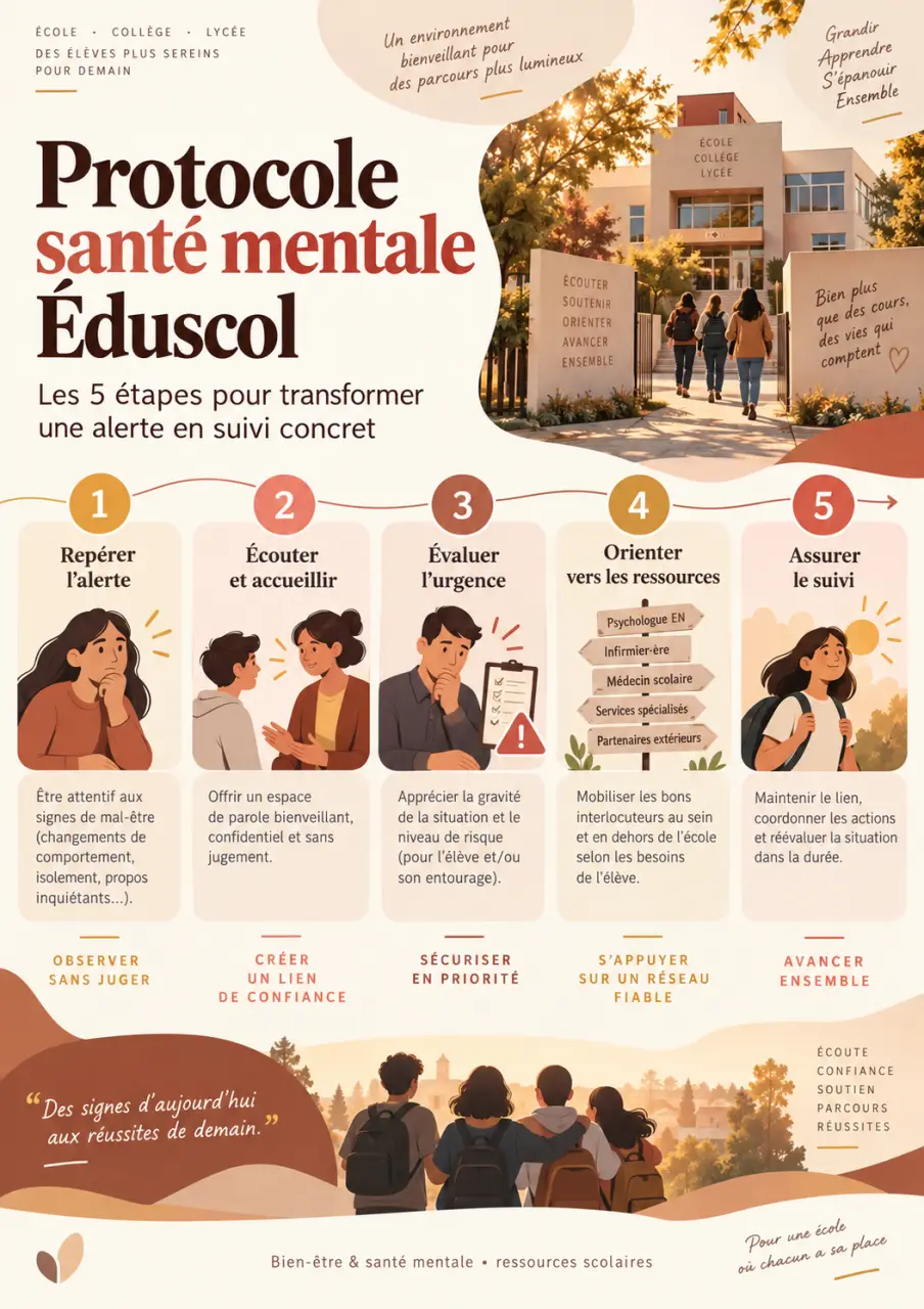 Protocole santé mentale Éduscol : les 5 étapes pour transformer une alerte en suivi concret