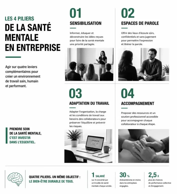 Les 4 piliers de la charte d'engagement de l'Alliance pour la Santé Mentale en entreprise