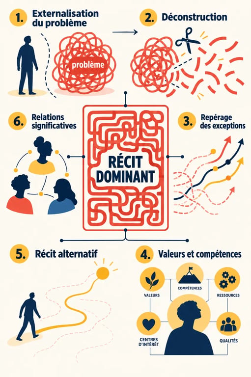 Schéma pédagogique du processus de thérapie narrative, de l'externalisation du problème au récit alternatif