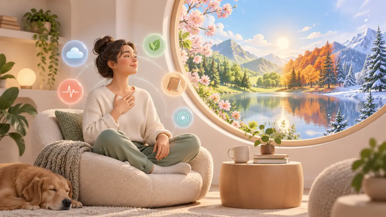 Silhouette sereine entourée d'ondes lumineuses évoquant l'écoute des signaux de stress