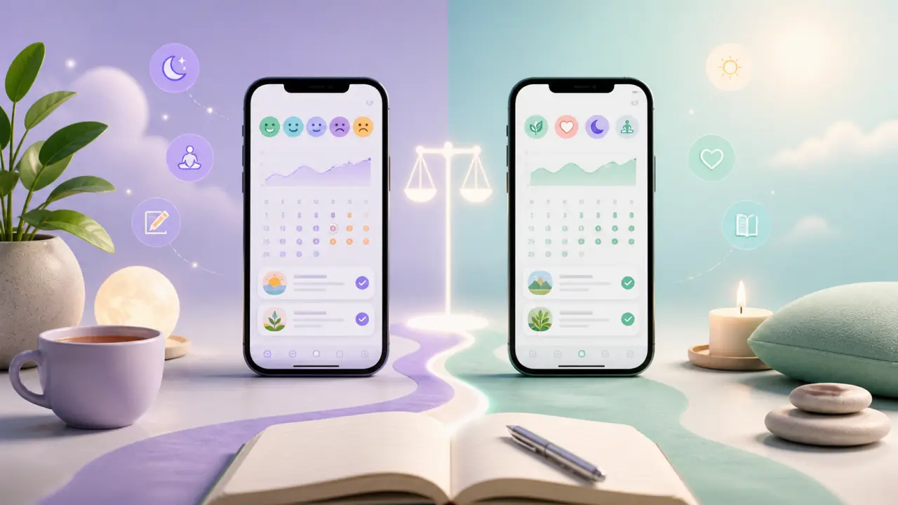 Illustration de deux applications de gratitude comparées dans une ambiance apaisante