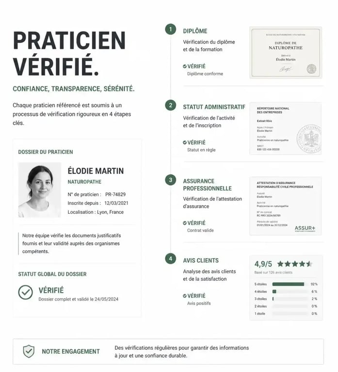 Vérification d'un praticien sur un site internet thérapeute : diplômes, statut, assurance et avis